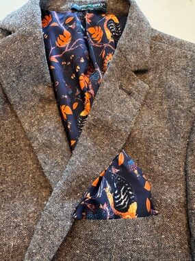 Paisley & Gray Slim Fit Wool Blend Blazer Bird Lining Matching Pocket Square 38R